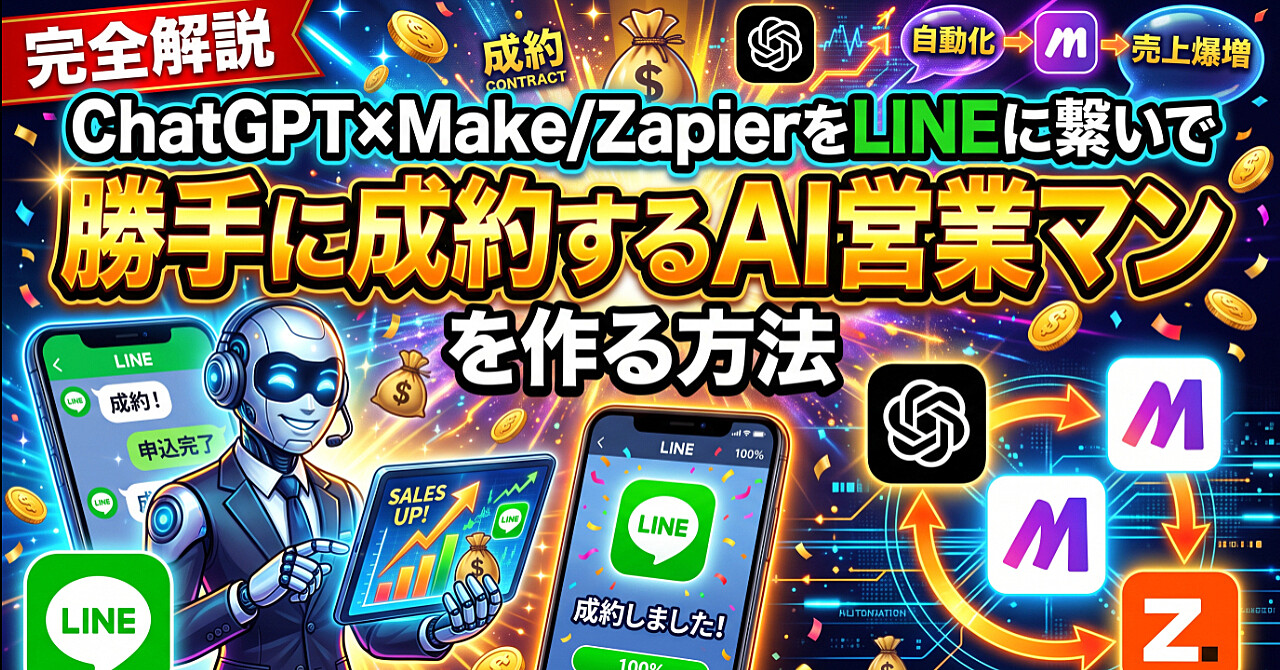 【完全解説】ChatGPT×Make/ZapierをLINEに繋いで「勝手に成約するAI営業マン」を作る方法のアイキャッチ画像