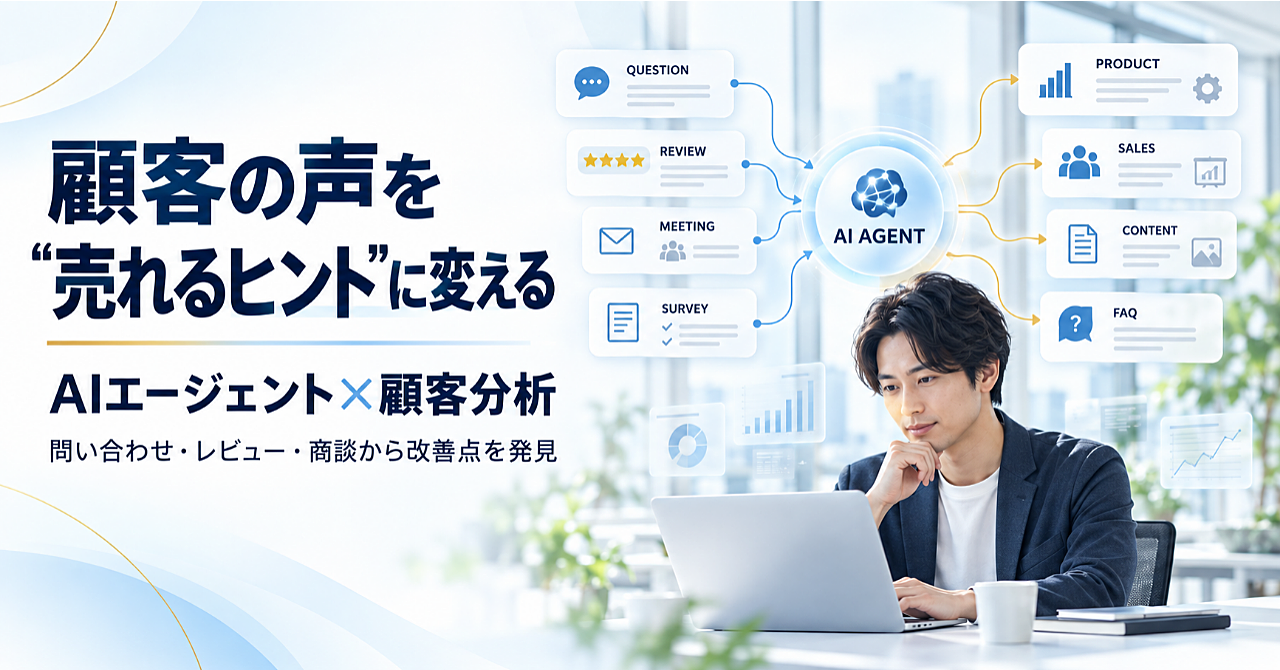 顧客の声を“売れるヒント”に変える|AIエージェントで問い合わせ・レビュー・商談メモを活用する方法のアイキャッチ画像