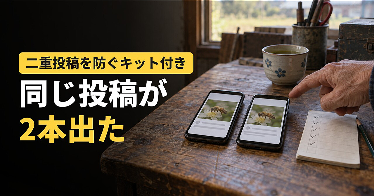 予約投稿・自動投稿の「二重」と「もれ」を、出す前に数えて止める点検キット|数える3つの時点・台帳ひな形・AIへの指示文6つ・答えつき練習【プログラム不要】のアイキャッチ画像