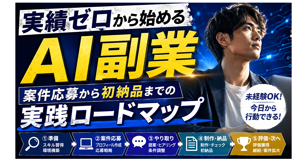 実績ゼロから始めるAI副業|案件応募から初納品までの実践ロードマップのアイキャッチ画像