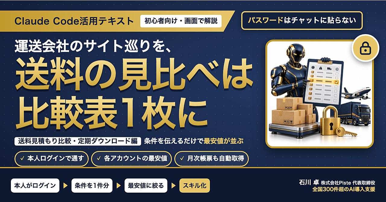 【送料の見比べは、比較表1枚に】Claude Code活用テキスト 送料見積もり比較・定期ダウンロード編のアイキャッチ画像