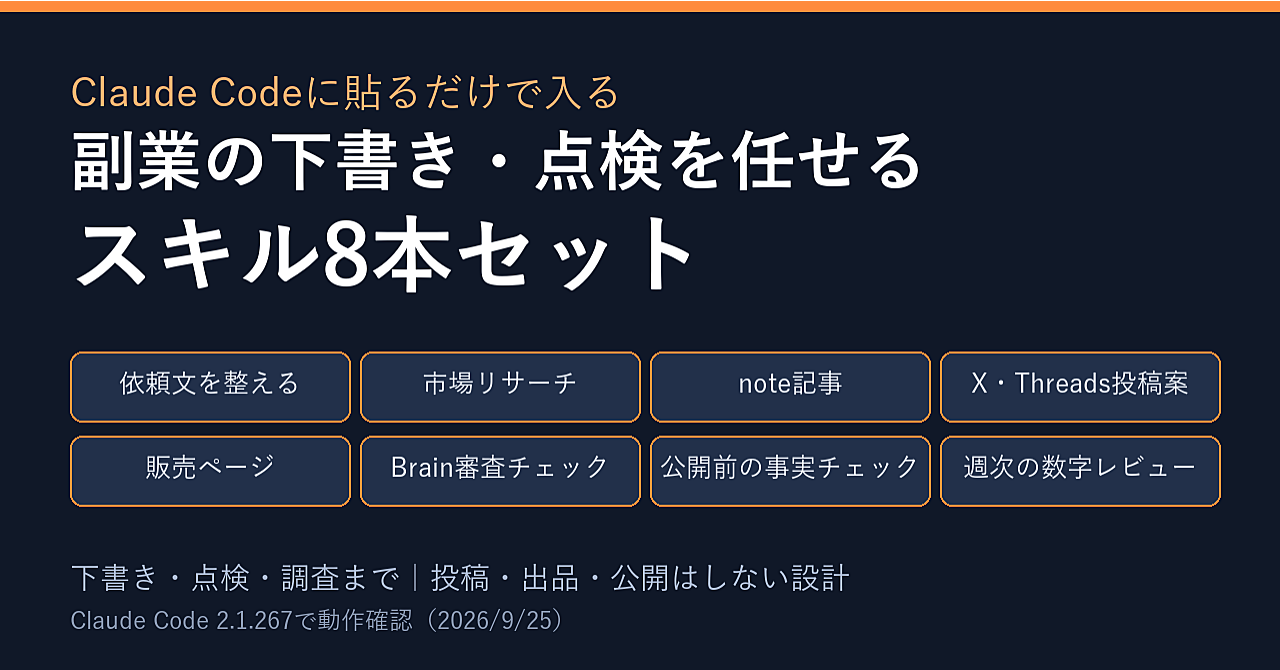 AIに毎回同じ注意を書くのは、もうやめる|Claude Codeに入れるだけの副業スキル8本(note下書き・X投稿・販売ページ・Brain審査チェック)のアイキャッチ画像