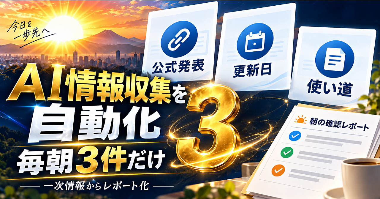 【AI情報収集を自動化】毎朝3件の一次情報を選び、出典付きレポートにする方法|Codexの設定文付きのアイキャッチ画像