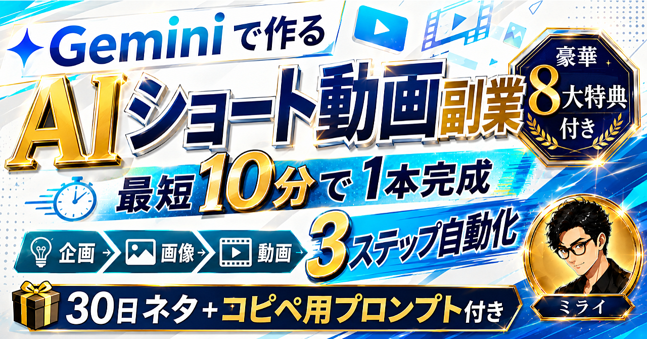 【35大特典付】ミライさんのBrain「【最短10分で1本完成】Geminiで作るAIショート動画副業｜企画→画像→動画を3ステップ自動化！30日ネタ＋コピペ用プロンプト付き」評判口コミ感想レビュー