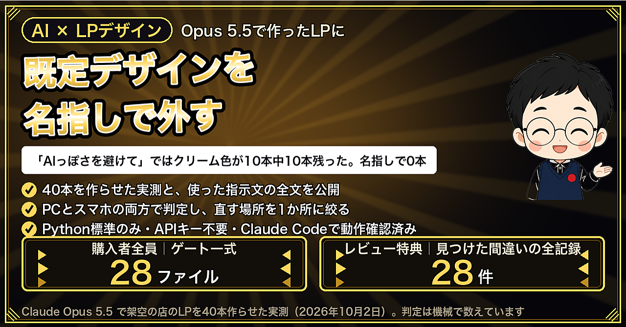 「AIっぽさを避けて」ではクリーム色が10本中10本残った|Opus 5.5 が作るLPの既定デザインを、名指しで外す検品ゲート【Claude Code対応・APIキー不要】のアイキャッチ画像