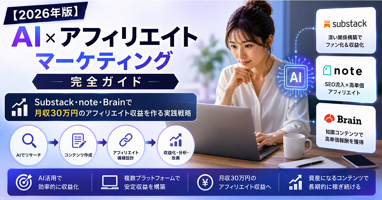 【2026年版】AI×アフィリエイトマーケティング完全ガイド|Substack・note・Brainで月収30万円のアフィリエイト収益を作る実践戦略のアイキャッチ画像