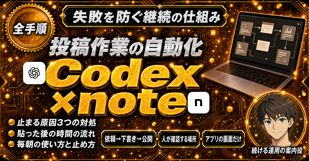 noteを続けたい人のための【Codex×note仕組み化の教科書】 | 下書きから公開までを自動化する完全ロードマップのアイキャッチ画像