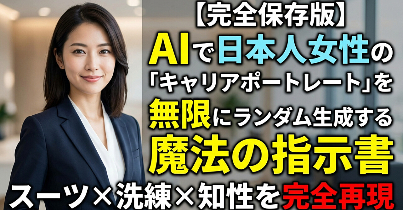 【保存版】日本人女性の“キャリア系ポートレート”をAIでランダム無限生成するための魔法の指示文｜スーツ×高級感×知性を完全再現