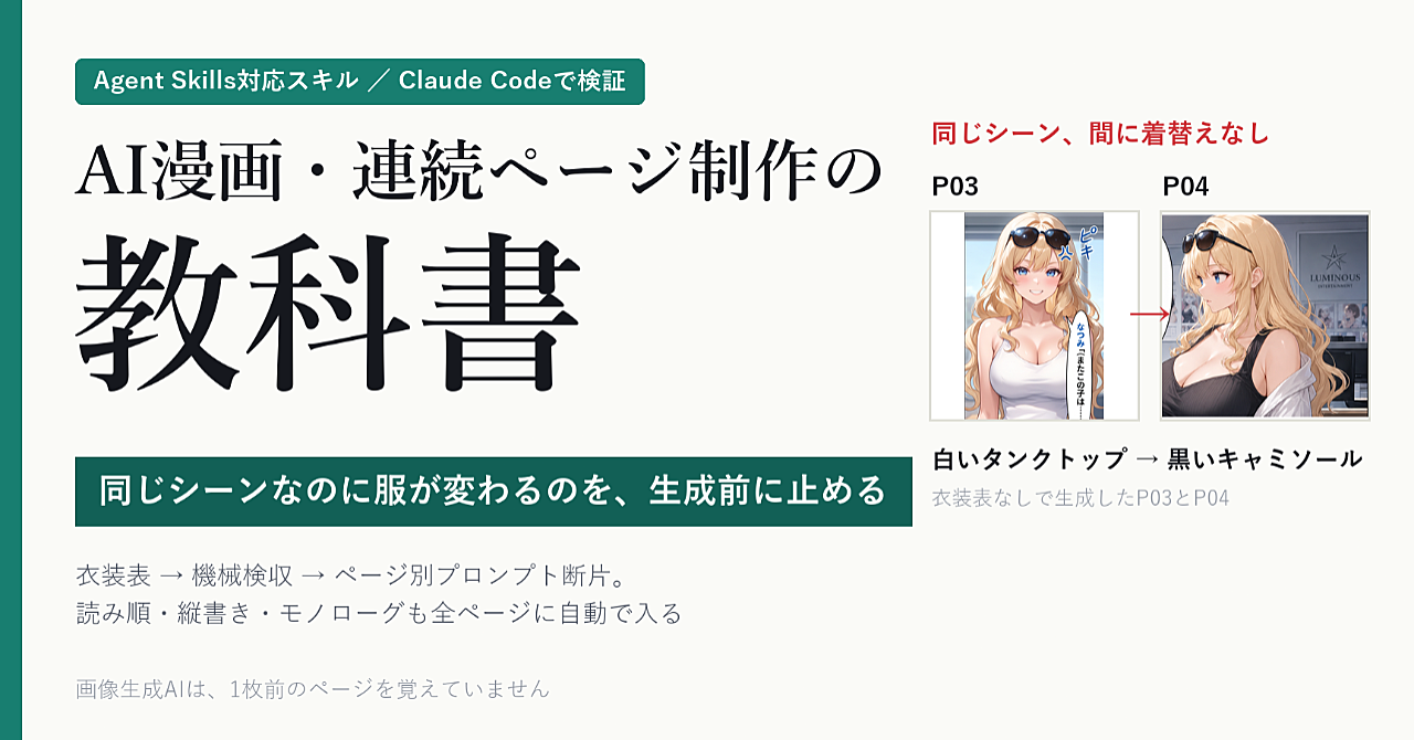 AI漫画・連続ページ制作の教科書 - 同じシーンなのに服が変わるのを、生成前に止めるのアイキャッチ画像
