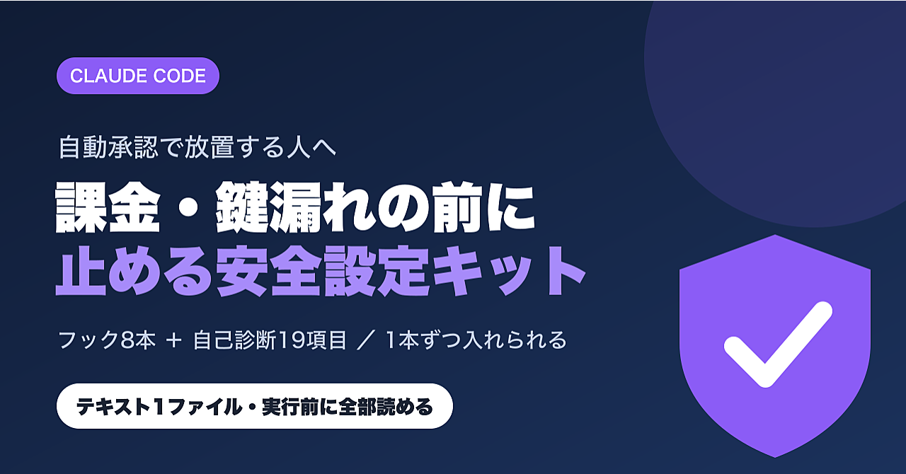 Claude Codeを自動承認で放置する人へ|課金・鍵漏れの前に止める安全設定キット(フック8本+自己診断)のアイキャッチ画像