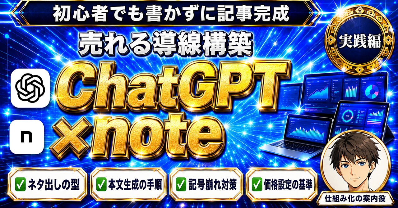 【初心者・後発組でもこれなら書かずに売れる導線を作れる!】ChatGPTでのnote仕組み化完全攻略【未経験からの自動化ロードマップ】のアイキャッチ画像