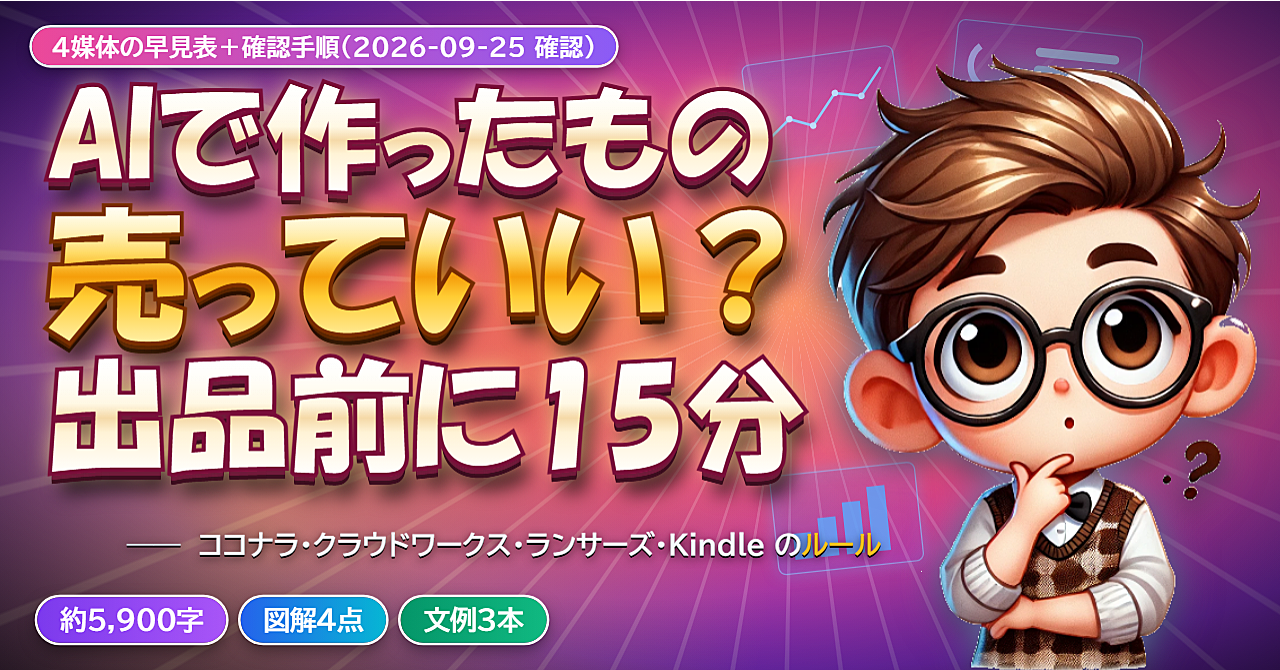 AIで作ったもの、売っていい? ― 出品前に4媒体のルールを15分で確認する手順(早見表・文例つき)のアイキャッチ画像