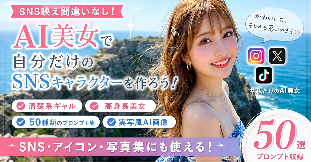 【AI美女×SNS】自分だけのSNSキャラクターを作る!清楚系ギャル・高身長美女など50種類の実写風AI画像生成プロンプト集|Instagram・X・Threads・TikTok・写真集作りにも使えるのアイキャッチ画像