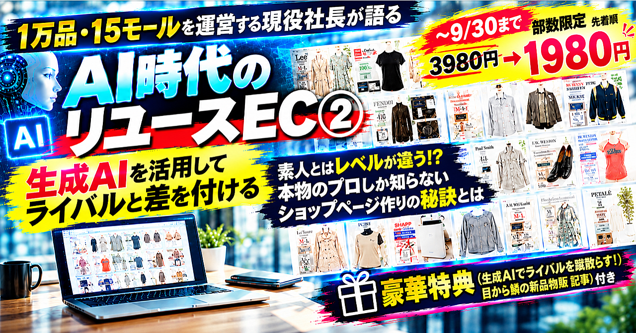 1万品・15モールを運営する現役社長が語るAI時代のリユースEC ◆2【生成AIでプロの商品ページを作成する秘訣】メルカリShops/ヤフオク/物販/古着/ゲーム/せどり/副業/FIREのアイキャッチ画像