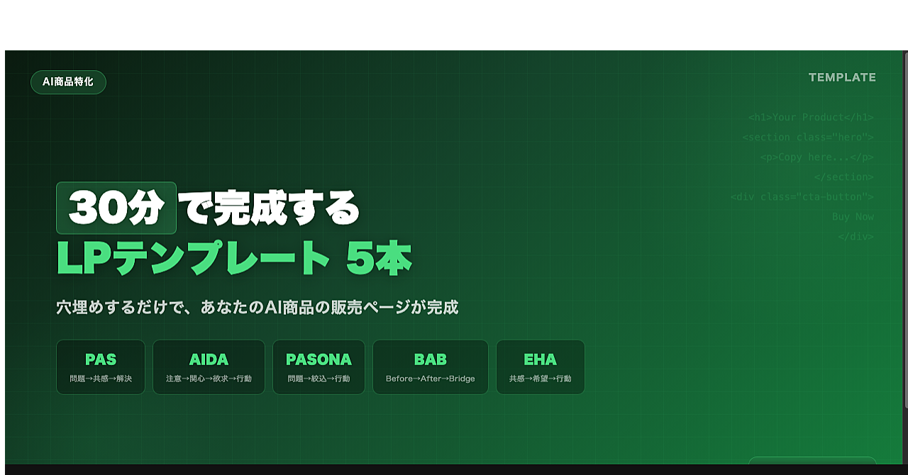 書けない人のためのLPテンプレート5本｜AI商品特化・穴埋めで30分完成