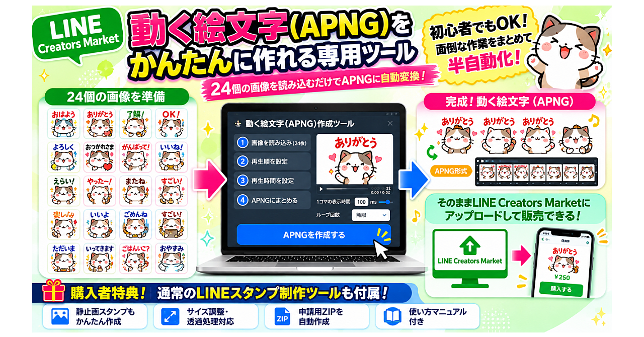 【LINEクリエイターズ向け】動く絵文字24個をAPNGに半自動変換!販売用データの制作を効率化する専用ツール|通常LINEスタンプ制作ツールも購入者特典で付属のアイキャッチ画像