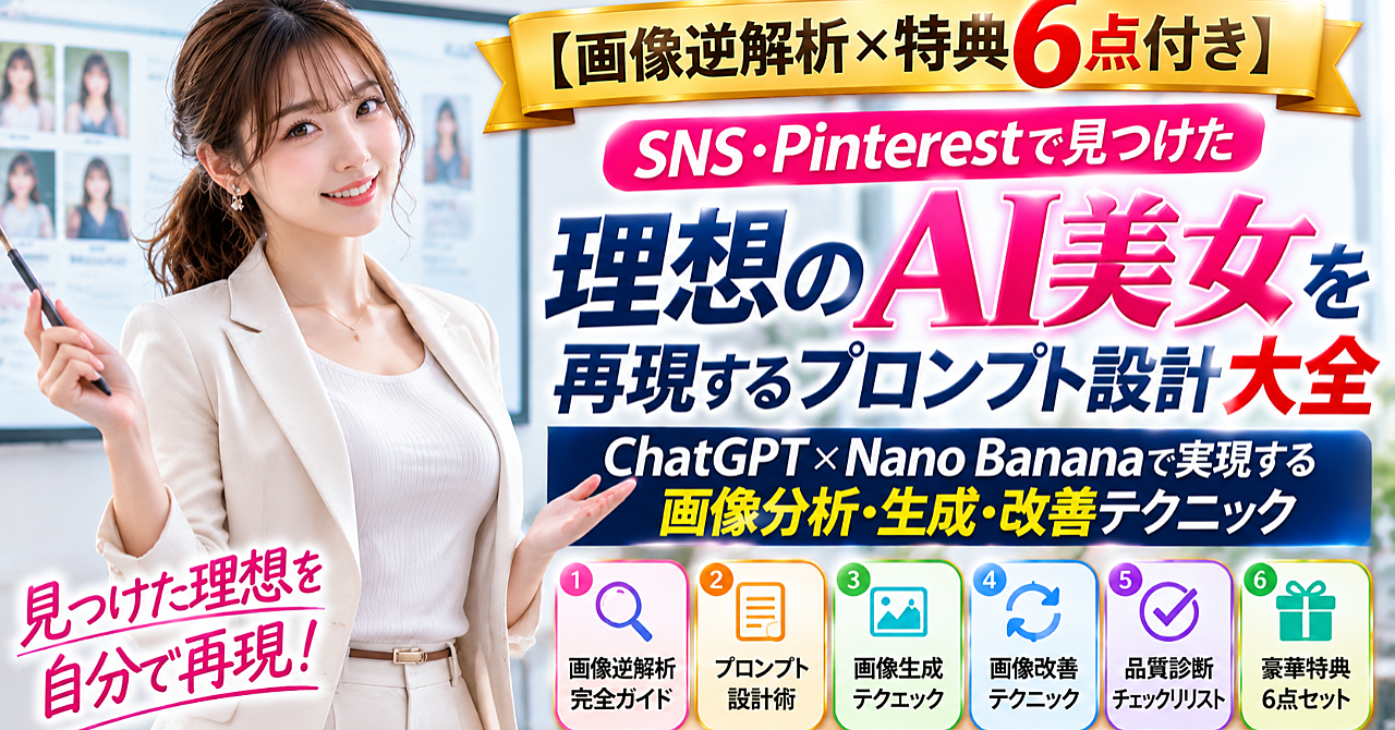【画像逆解析】SNS・Pinterestで見つけた理想のAI美女を再現するプロンプト設計大全|ChatGPT×Nano Bananaで実現する画像分析・生成・改善テクニックのアイキャッチ画像