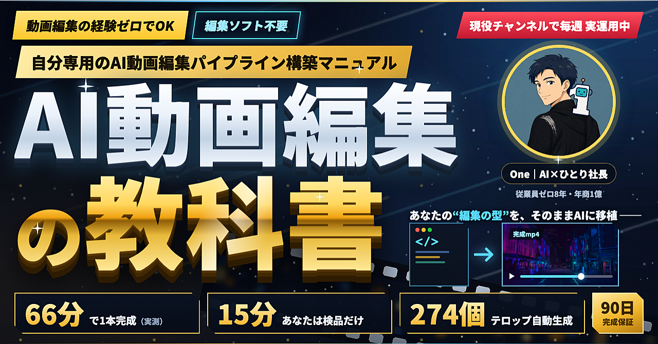 【35大特典付】OneさんのBrain「【AI動画編集の教科書】あなたがやることは検品だけ——AIに動画編集を丸ごと任せるパイプライン構築完全マニュアル」評判口コミ感想レビュー
