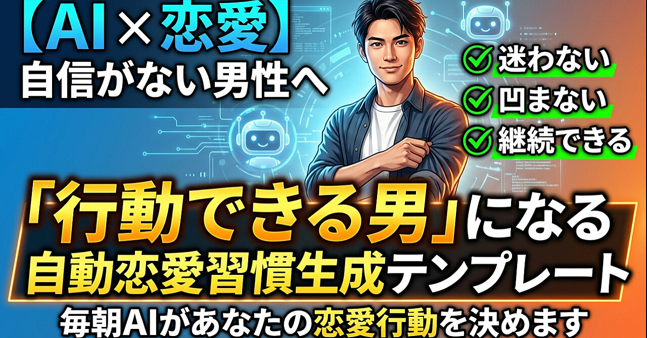 【AI×恋愛】自信がない男性専用
“行動できる男”になる恋愛ルーティン自動生成テンプレ　AIが毎朝あなたの恋愛行動を決めてくれる。
迷わない・落ち込まない・続けられる。