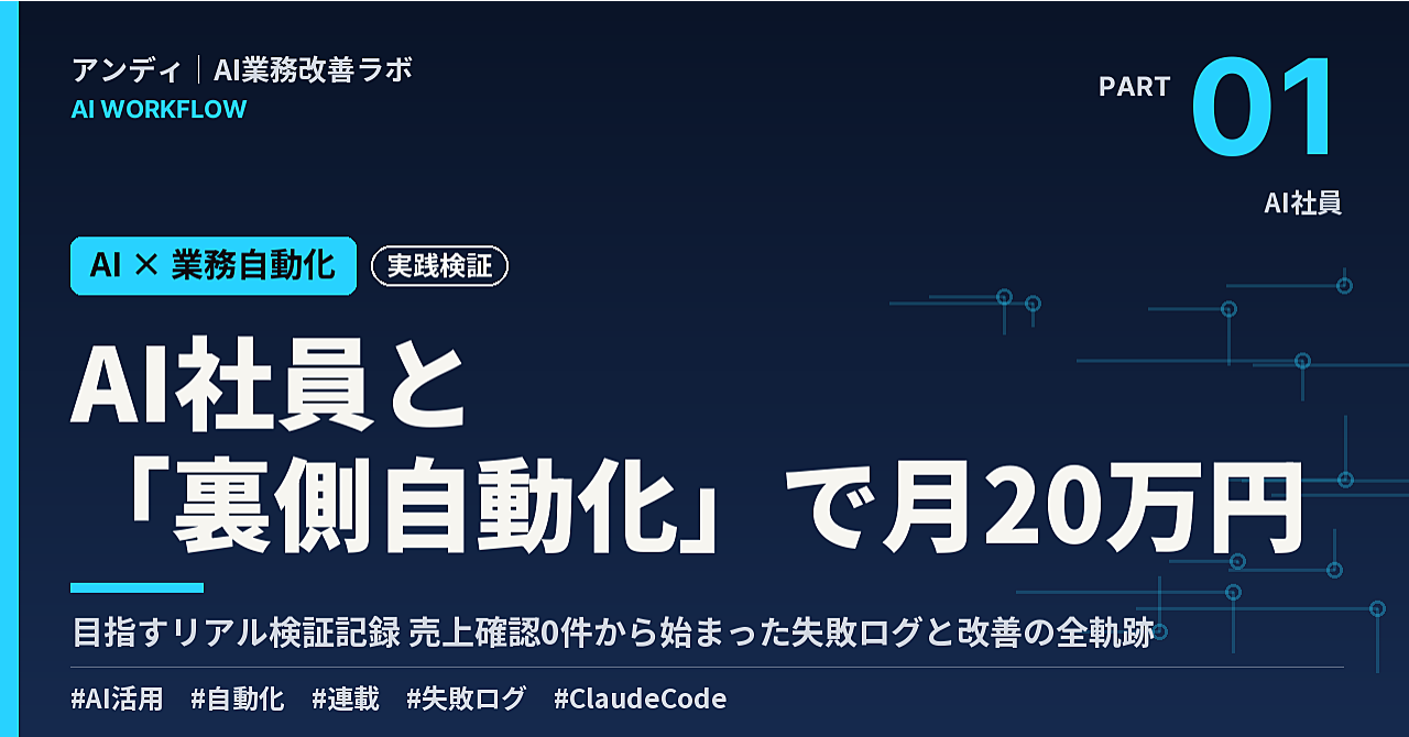 【連載第1話】AI社員と「裏側自動化」で収益化を目指すリアル検証記録:売上確認0件から始まった失敗ログと改善の全軌跡のアイキャッチ画像