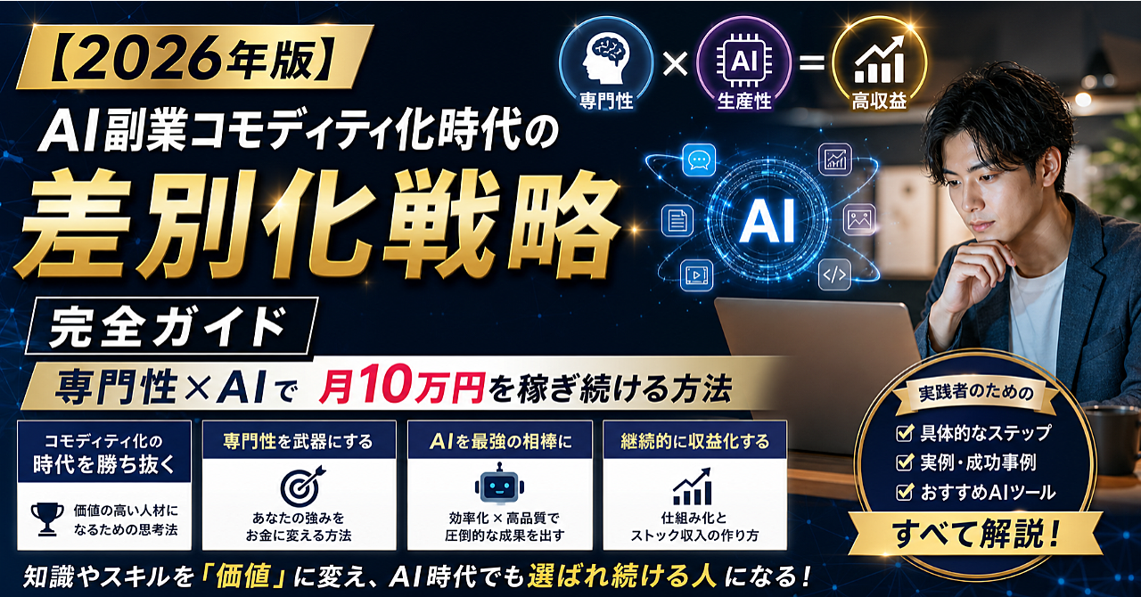 【2026年版】AI副業コモディティ化時代の差別化戦略完全ガイド|専門性×AIで月10万円を稼ぎ続ける方法のアイキャッチ画像