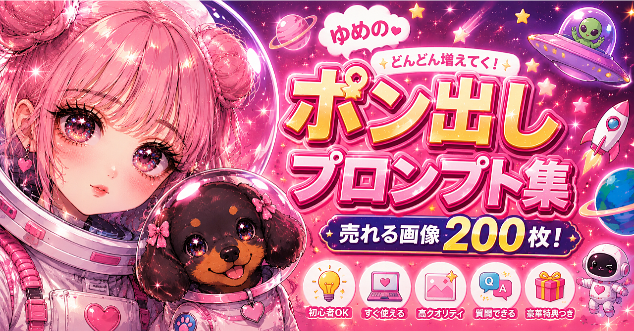 【先着5部2,980円】ゆめのどんどん増えてくポン出しプロンプト集|売れる画像の見本棚200本!のアイキャッチ画像