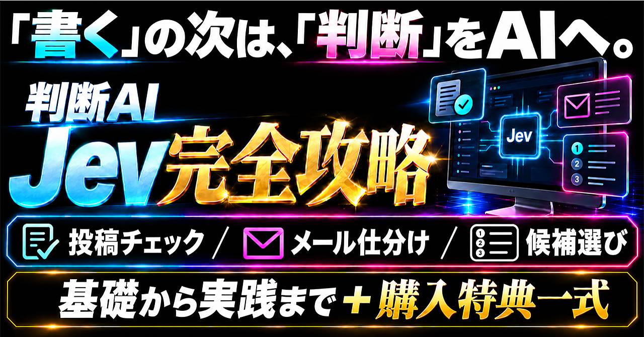 【文章を書かないAIが来た】爆速・低コストの「判断AI」Jev完全攻略|仕組み・使い方・実践事例をゼロから学ぶのアイキャッチ画像
