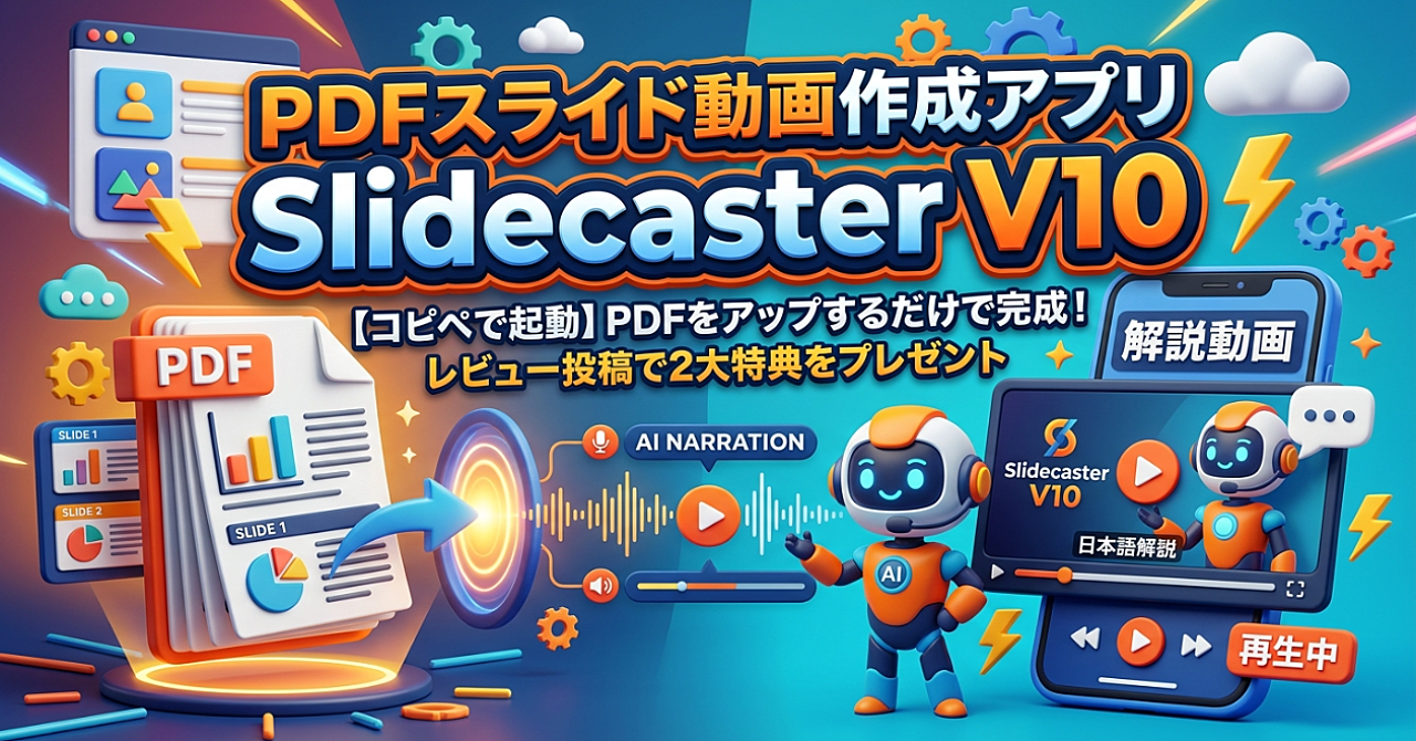 【コピペで起動】PDFをアップするだけで「AIナレーション付き解説動画」が完成するツール「Slidecaster V10」をあなたに（レビュー投稿で2大特典をプレゼント）