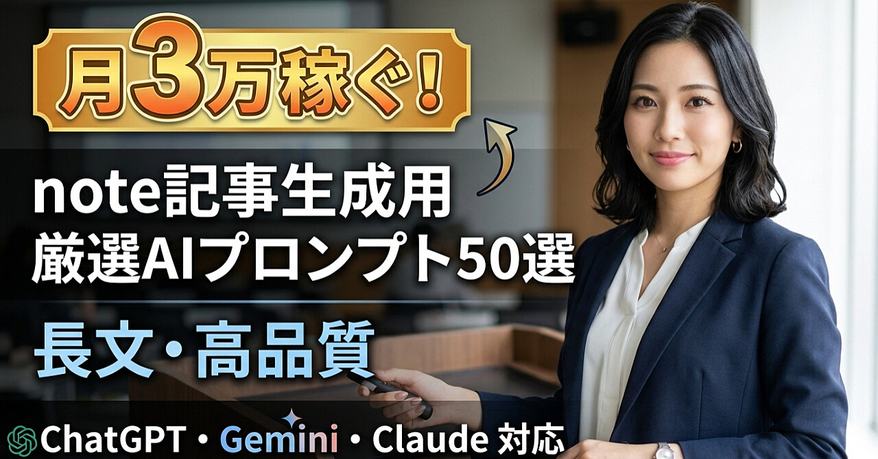 月3万円を目指すnote記事が量産できる細かいところまで書いた長めの高品質AI指示文50選　ChatGPT・Gemini・Claude対応