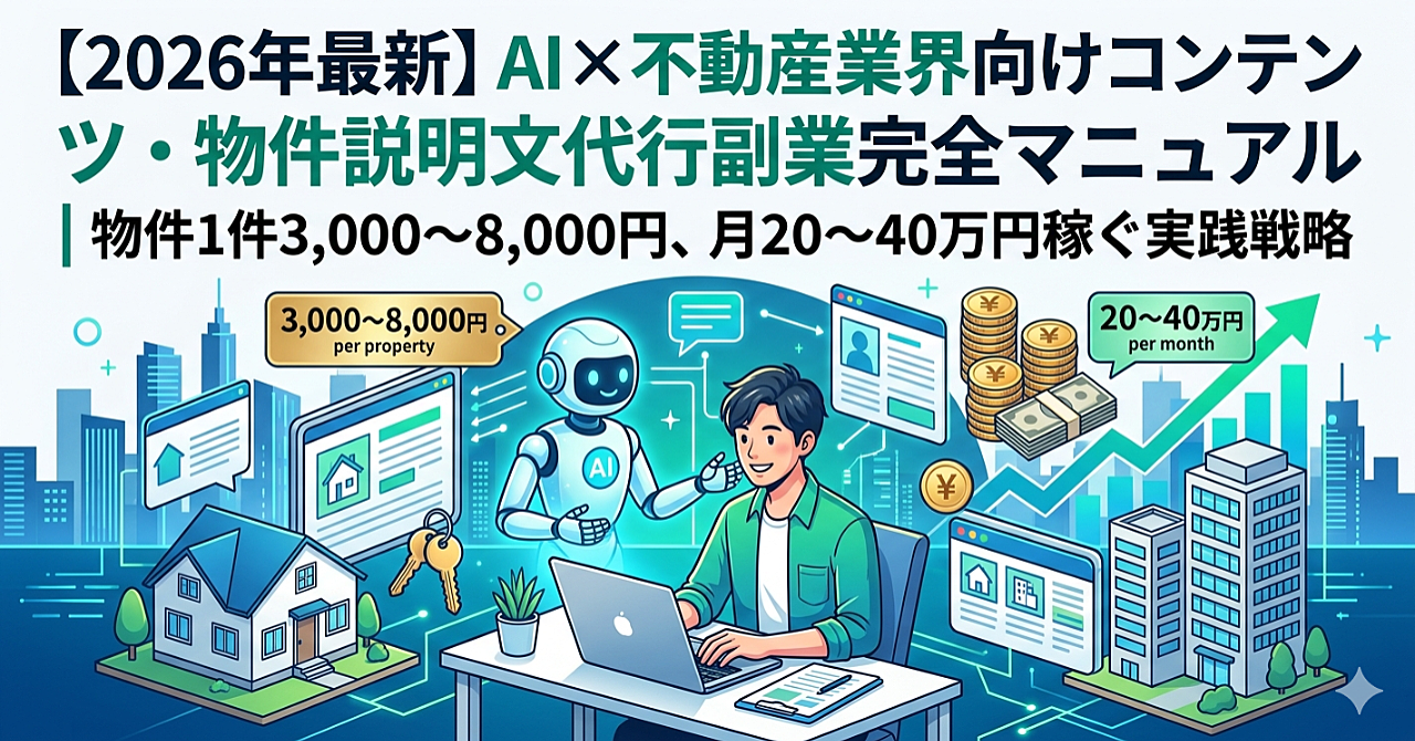 【2026年最新】AI×不動産業界向けコンテンツ・物件説明文代行副業完全マニュアル｜物件1件3,000〜8,000円、月20〜40万円稼ぐ実践戦略