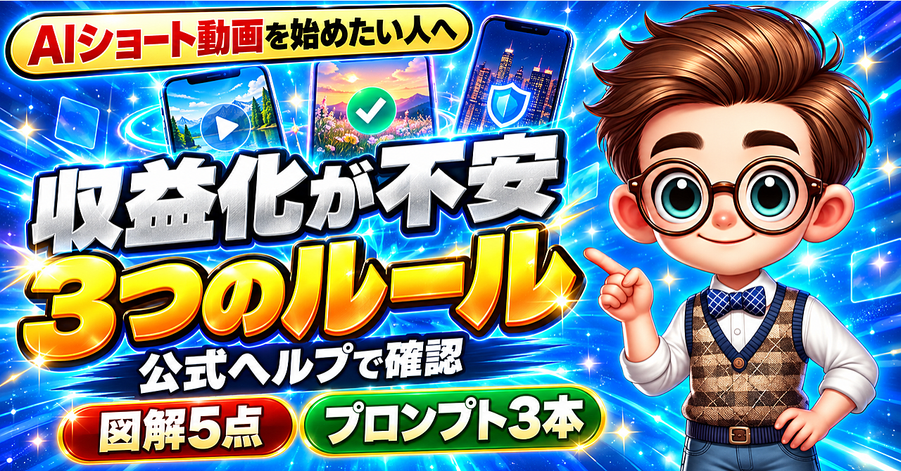AIショート動画、収益化できるか不安な人へ。始める前に確認する3つのルールと、量産にならない作り方のアイキャッチ画像