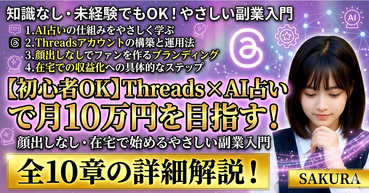 【初心者OK】【80,000文字以上の大ボリューム！】Threads×AI占いで月10万円を目指す！顔出しなし・在宅で始めるやさしい副業入門
