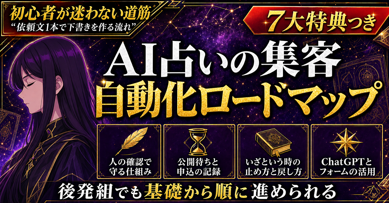【初心者・後発組でもこれなら迷わず始められる!】AI占い×集客×自動化完全攻略【基礎からの集客自動化ロードマップ】のアイキャッチ画像
