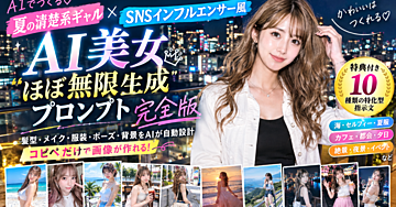 【AI美女】夏の清楚系ギャル×SNSインフルエンサー風の画像生成用プロンプト「ほぼ無限生成」完全版｜髪型・メイク・服装・ポーズ・背景をAIが自動設計＋10種類の特化型指示文を特典収録