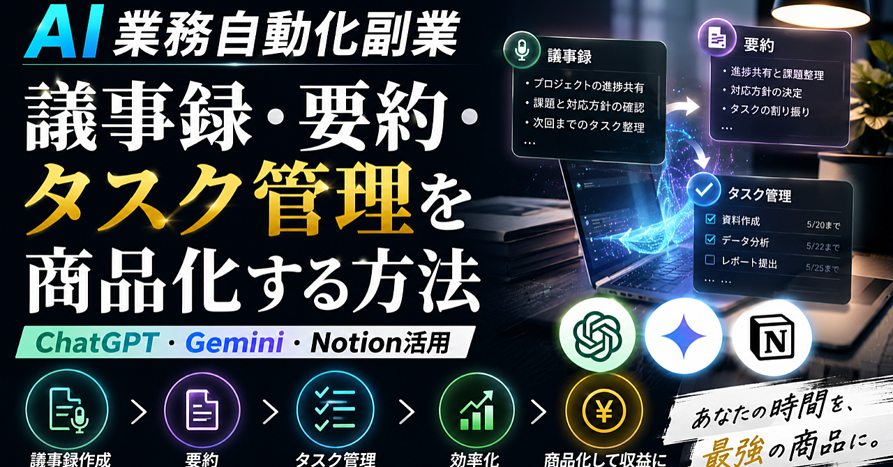 【AI業務自動化副業】議事録・要約・タスク管理を商品化する方法｜ChatGPT・Gemini・Notion活用