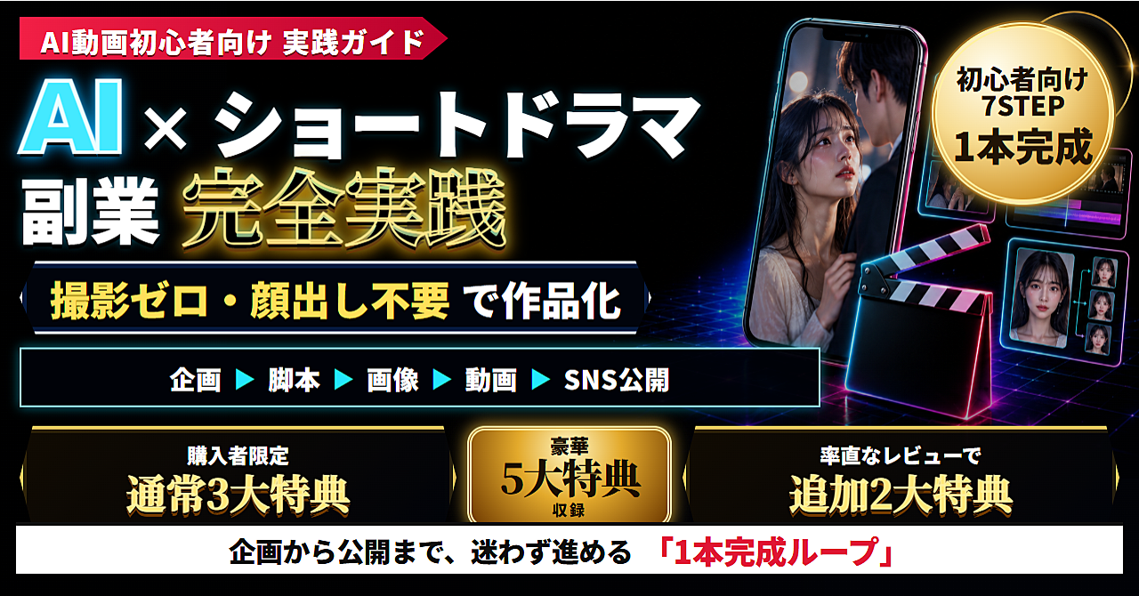 【30部突破】【撮影ゼロ・顔出し不要】AIショートドラマ副業|企画→脚本→画像→動画→SNS公開まで1本完成!初心者向け実践ガイド+5大特典のアイキャッチ画像