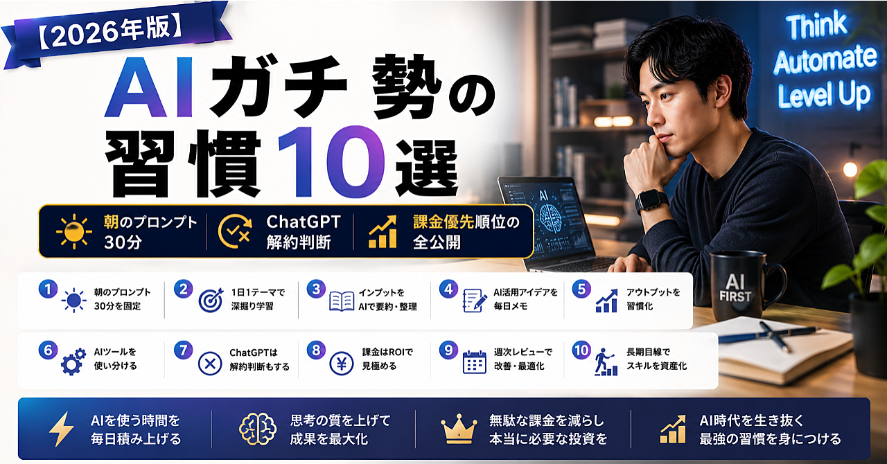 【2026年版】AIガチ勢の習慣10選｜朝のプロンプト30分・ChatGPT解約判断・課金優先順位の全公開