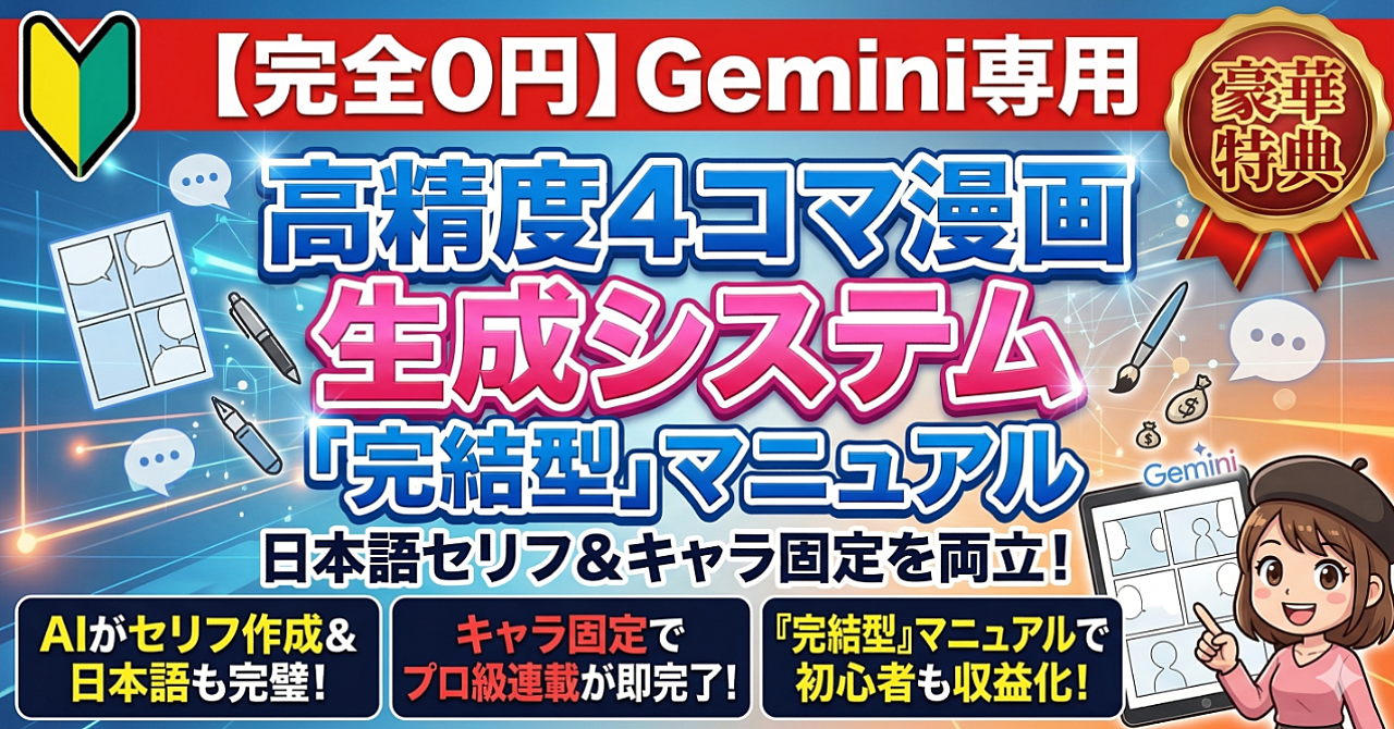 【完全0円】Gemini専用・高精度4コマ漫画生成システム｜日本語セリフ＆キャラ崩れを完全排除した「完結型」プロンプト構造マニュアル