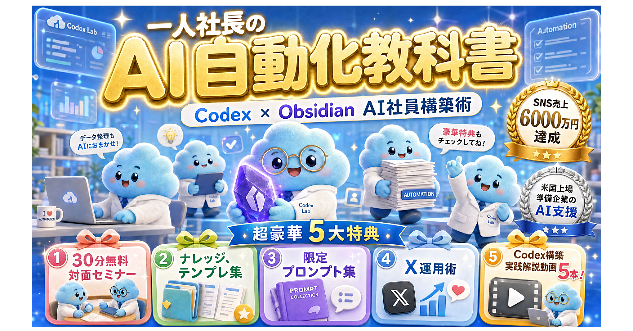 一人社長のAI自動化教科書|SNS売上6000万円と企業AI支援を生んだCodex ・ Obsidian AI社員構築術のアイキャッチ画像