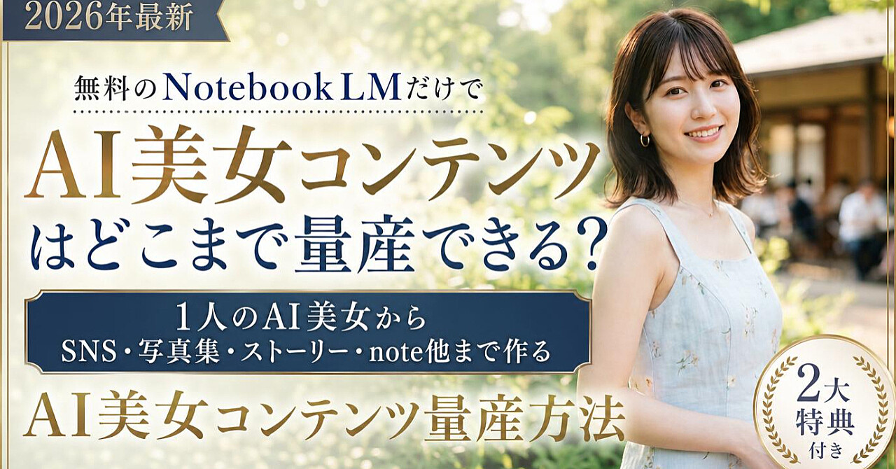 【2026年最新】無料のNotebookLMだけでAI美女コンテンツはどこまで量産できる?|1人のAI美女からSNS・写真集・ストーリー・note他まで作る「AI美女コンテンツ量産」方法【2大特典】のアイキャッチ画像