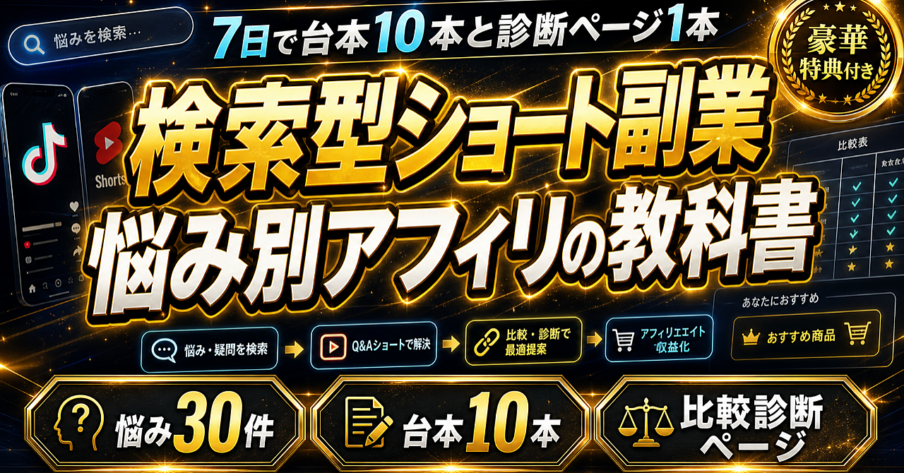 【７日で台本10本と診断ページ1本】検索型ショート副業 悩み別アフィリの教科書