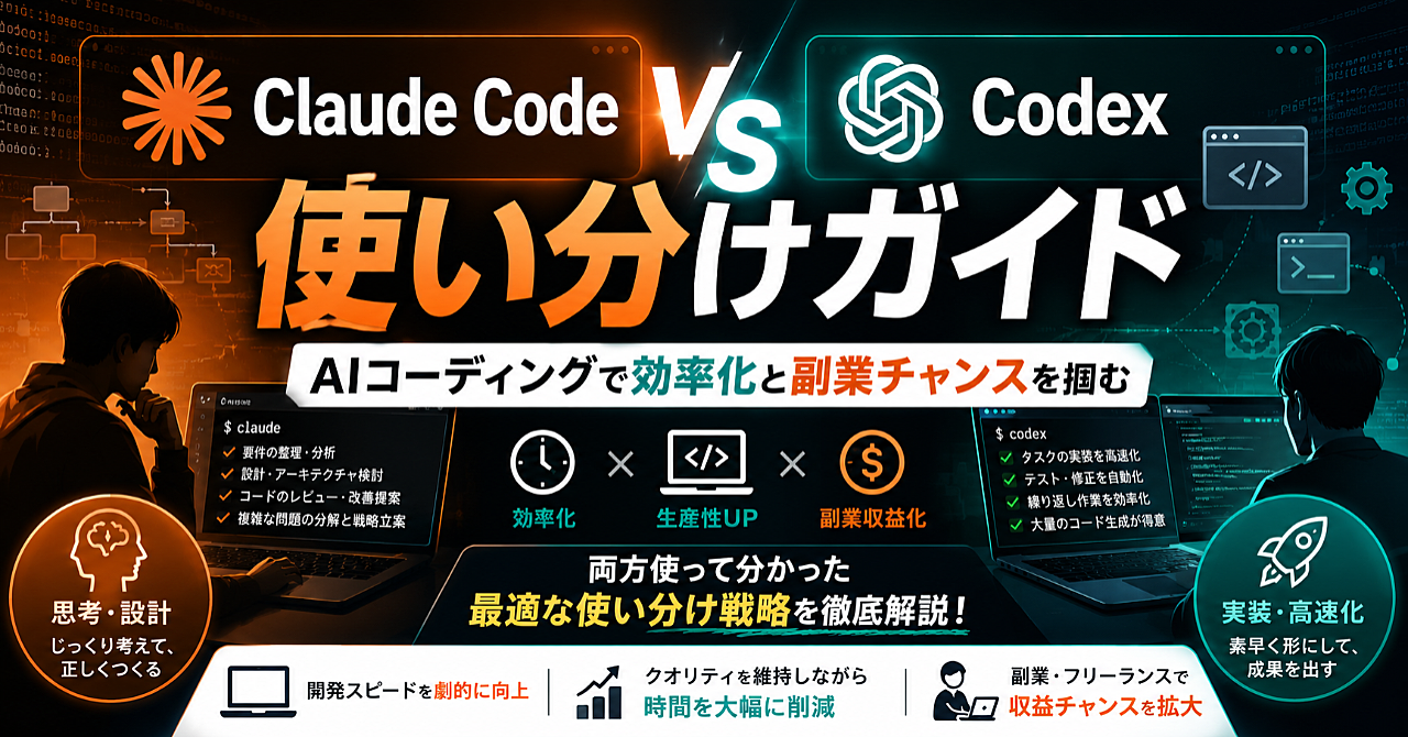 Claude CodeとCodexの使い分けガイド｜AIコーディングで効率化と副業チャンスを掴む