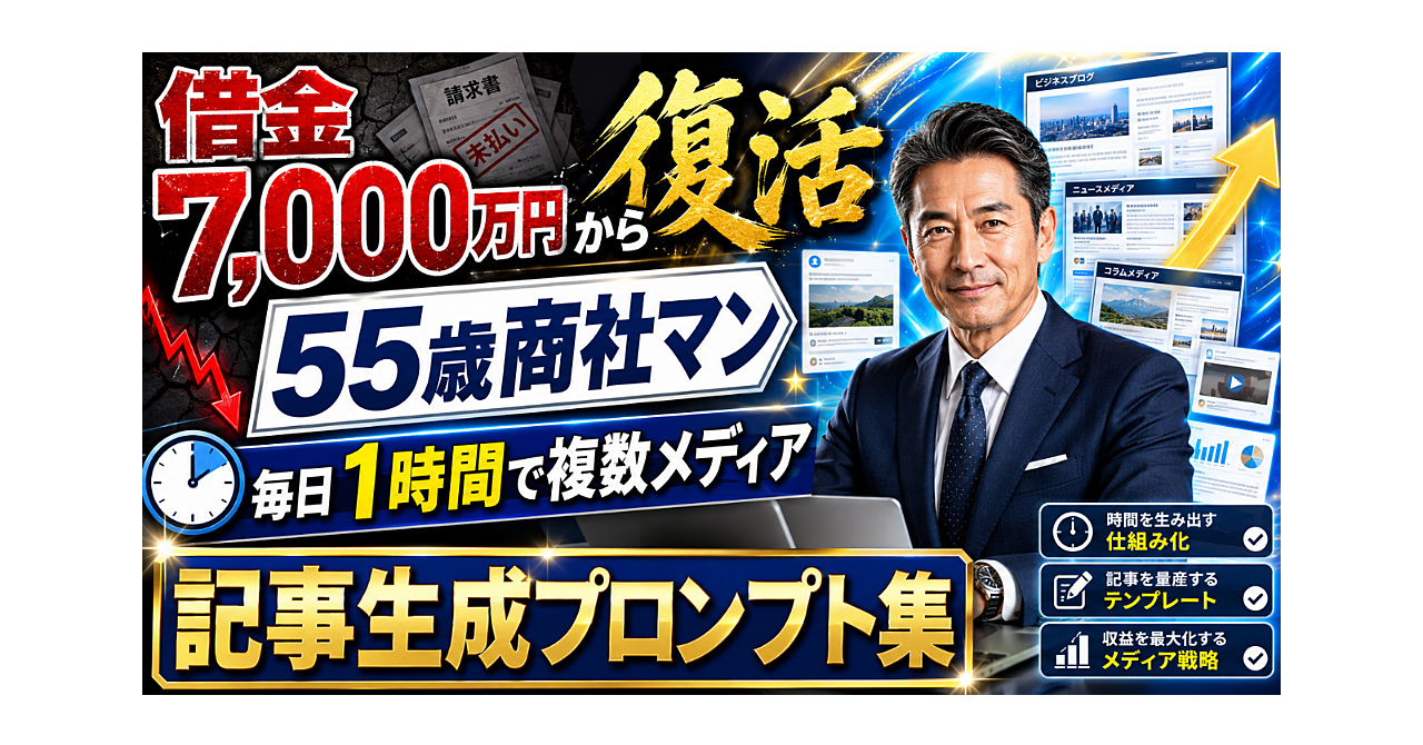 借金7,000万円から復活した55歳商社マンが、毎日1時間で複数メディアを回している「記事生成プロンプト集」