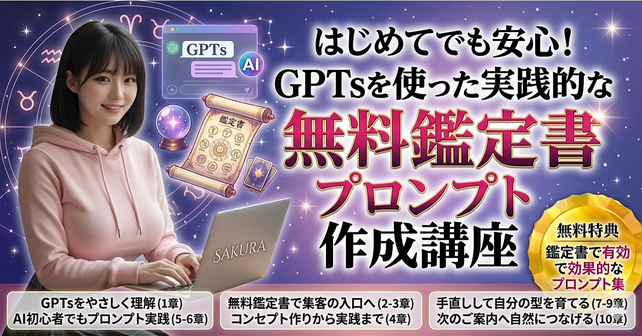 【65,000文字以上】【全10章の詳細説明】はじめてでも安心！GPTsを使った実践的な無料鑑定書プロンプト作成講座