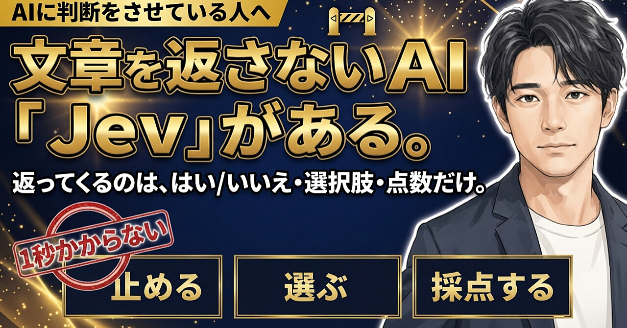 文章を返さないAI「Jev」で、止める・選ぶ・採点するを自動化する|はい/いいえ・選択肢・点数だけを返すモデルの使い方を、動く6例で渡すスターターキットのアイキャッチ画像