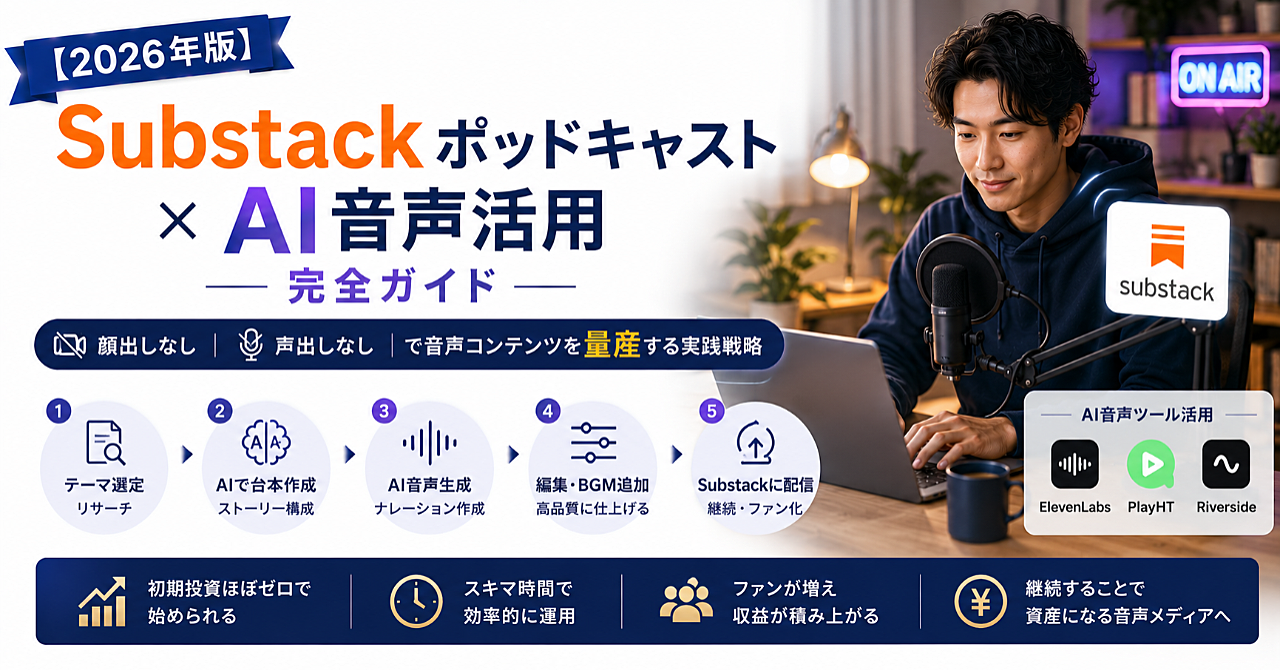 【2026年版】Substackポッドキャスト×AI音声活用完全ガイド｜顔出しなし・声出しなしで音声コンテンツを量産する実践戦略