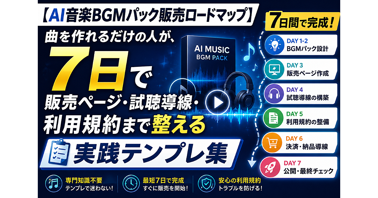 【AI音楽BGMパック販売ロードマップ】曲を作れるだけの人が、7日で販売ページ・試聴導線・利用規約まで整える実践テンプレ集