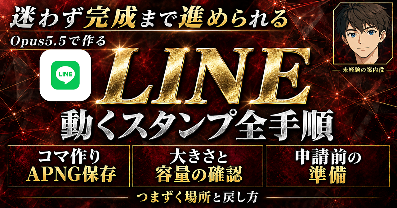 【初心者・後発組でもこれなら動くLINEスタンプを作れる!】Opus5.5×LINEスタンプ作成プロンプト完全攻略【未経験からの動くLINEスタンプ作成ロードマップ】のアイキャッチ画像
