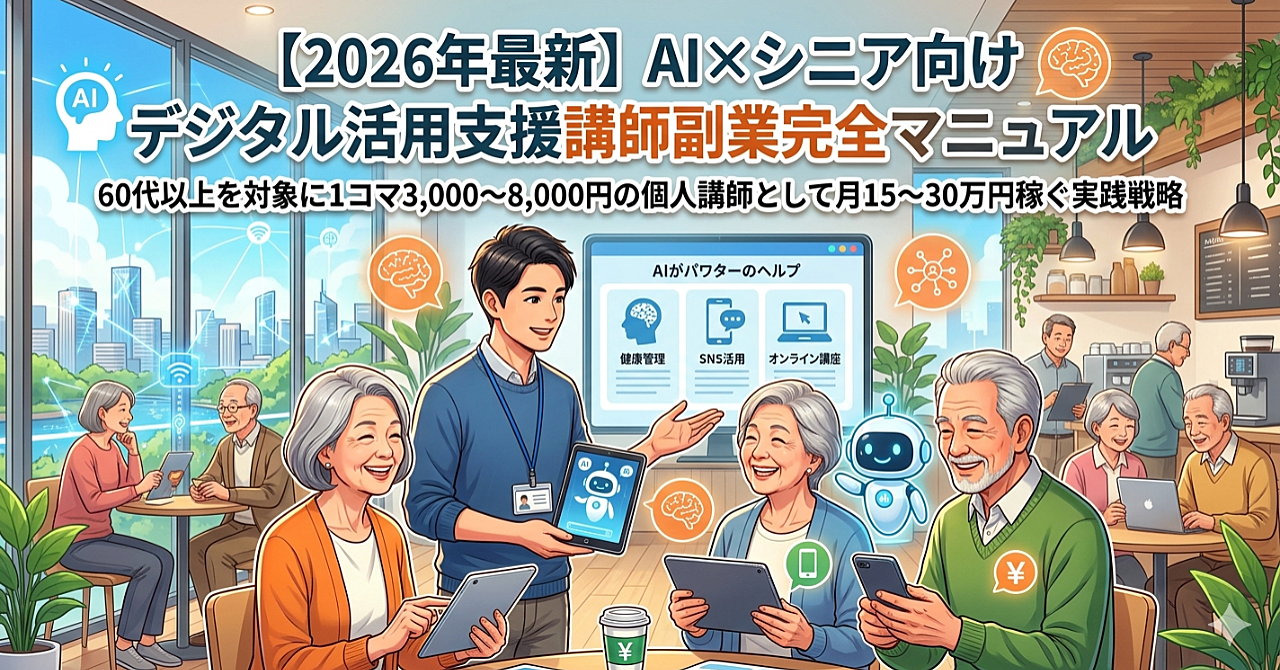 【2026年最新】AI×シニア向けデジタル活用支援講師副業完全マニュアル｜60代以上を対象に1コマ3,000〜8,000円の個人講師として月15〜30万円稼ぐ実践戦略
