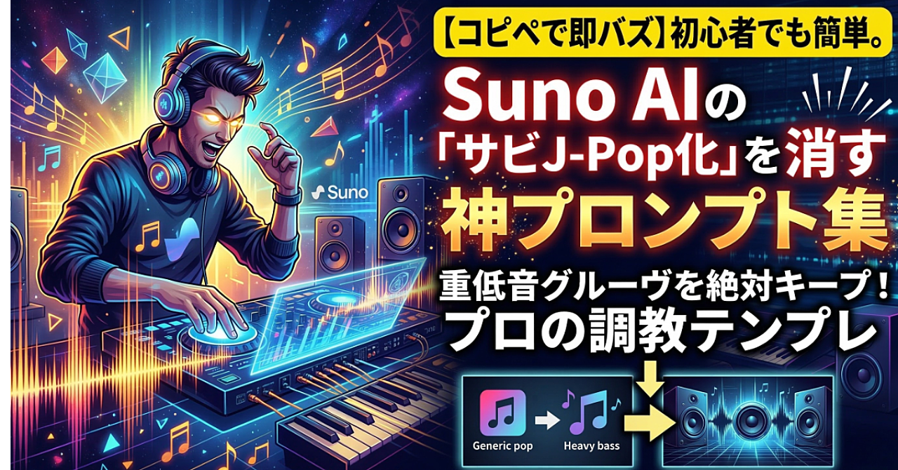 【コピペで即バズ】初心者でも簡単。Suno AIの「サビJ-Pop化」を消す神プロンプト集。重低音グルーヴを絶対キープするプロの調教テンプレ（ショートMV有）